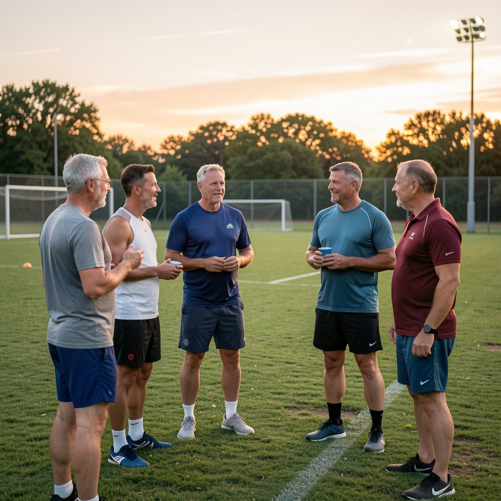 Small group of mature athletes talking beside a community sports field at dusk