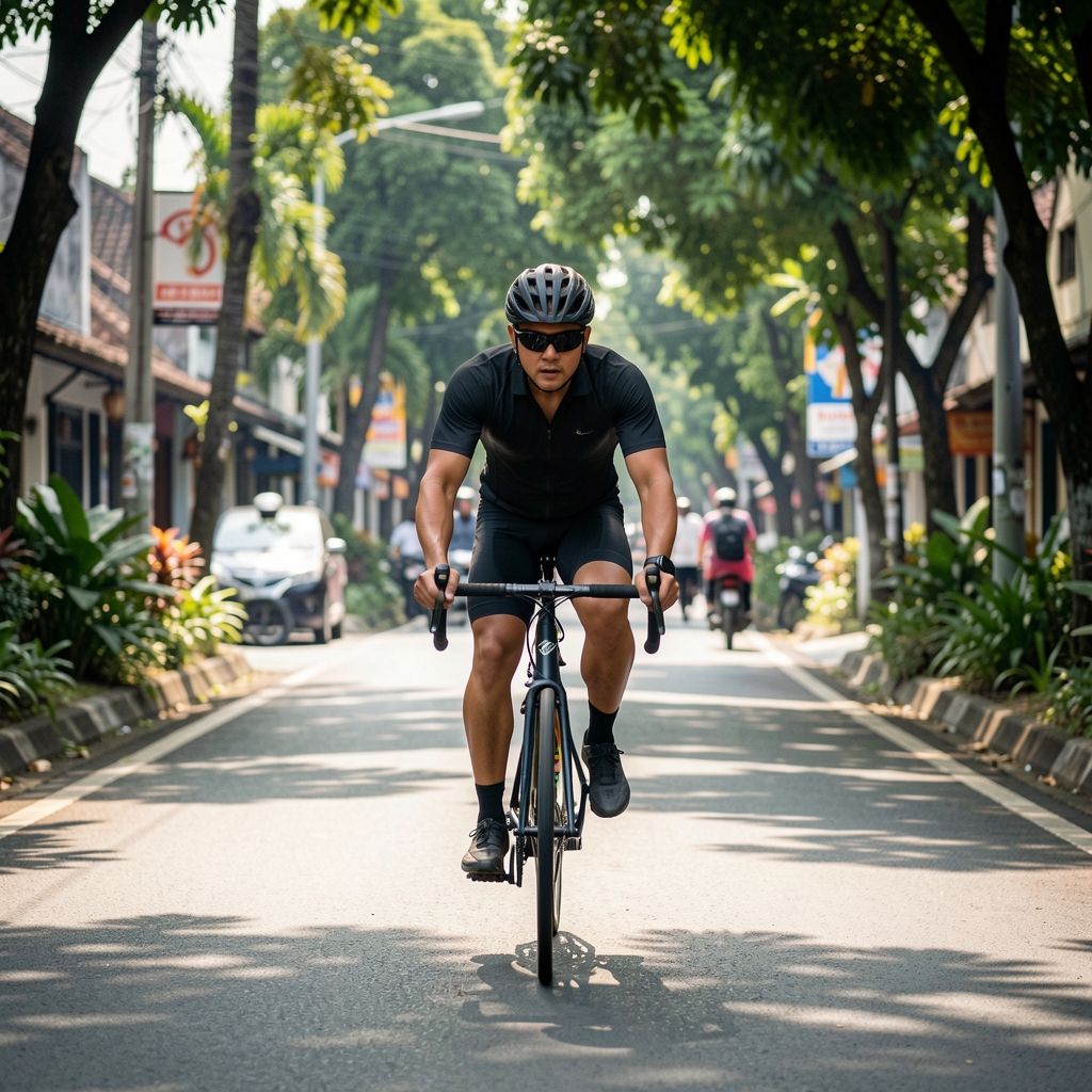 Experienced male cyclist riding at a steady pace on a shaded urban route in Indonesia