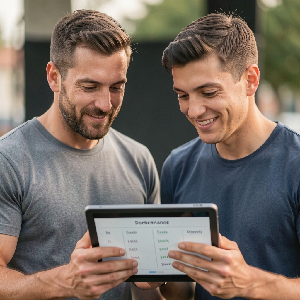 Coach and athlete reviewing a simple performance chart on a tablet in a quiet studio