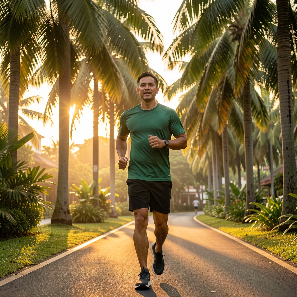 Man in his forties jogging comfortably beneath tropical trees in Jakarta at sunrise