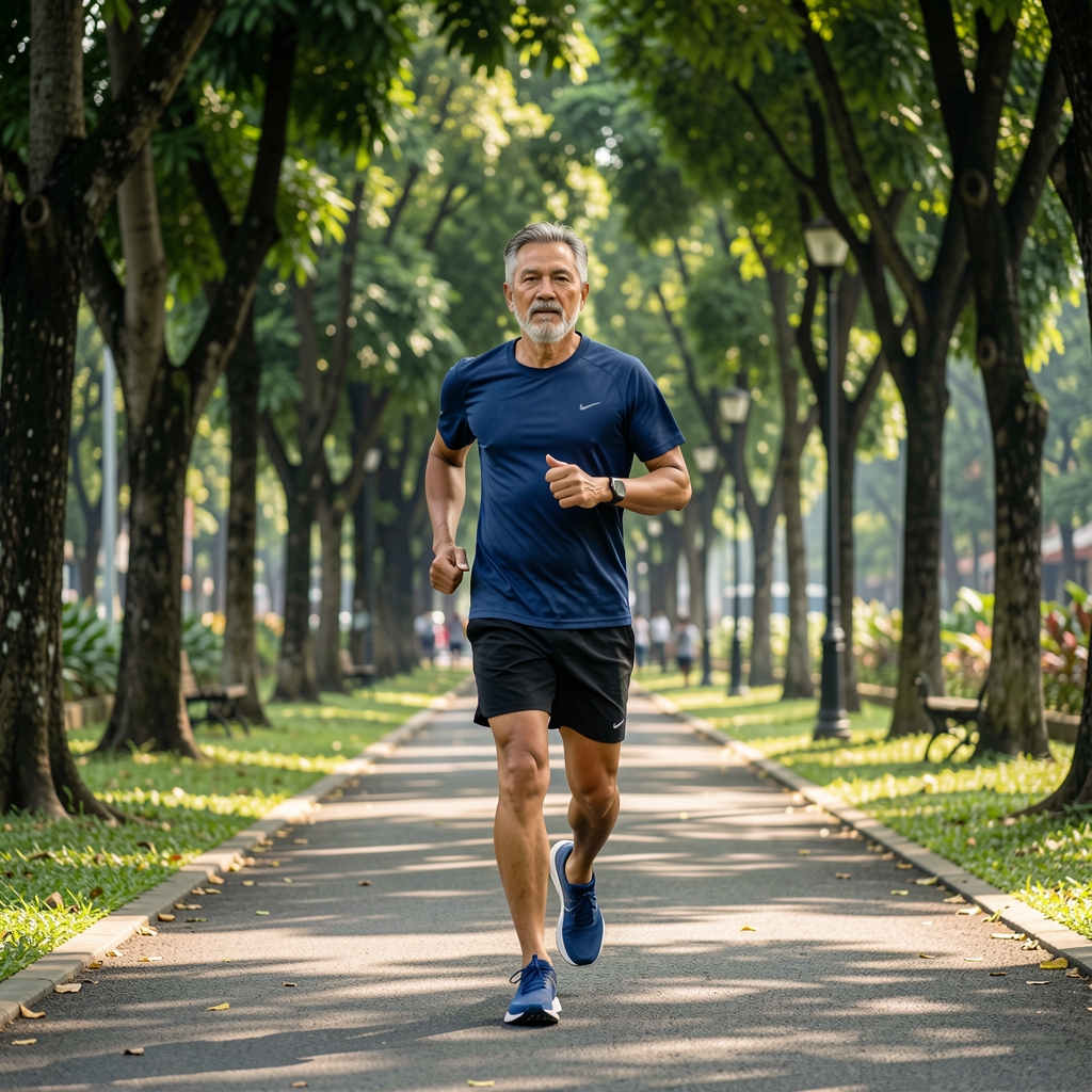 Mature male runner moving along a shaded Jakarta park path with relaxed posture
