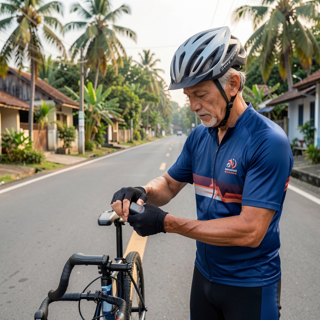 Mature cyclist checking a heart-rate monitor beside a quiet Indonesian road