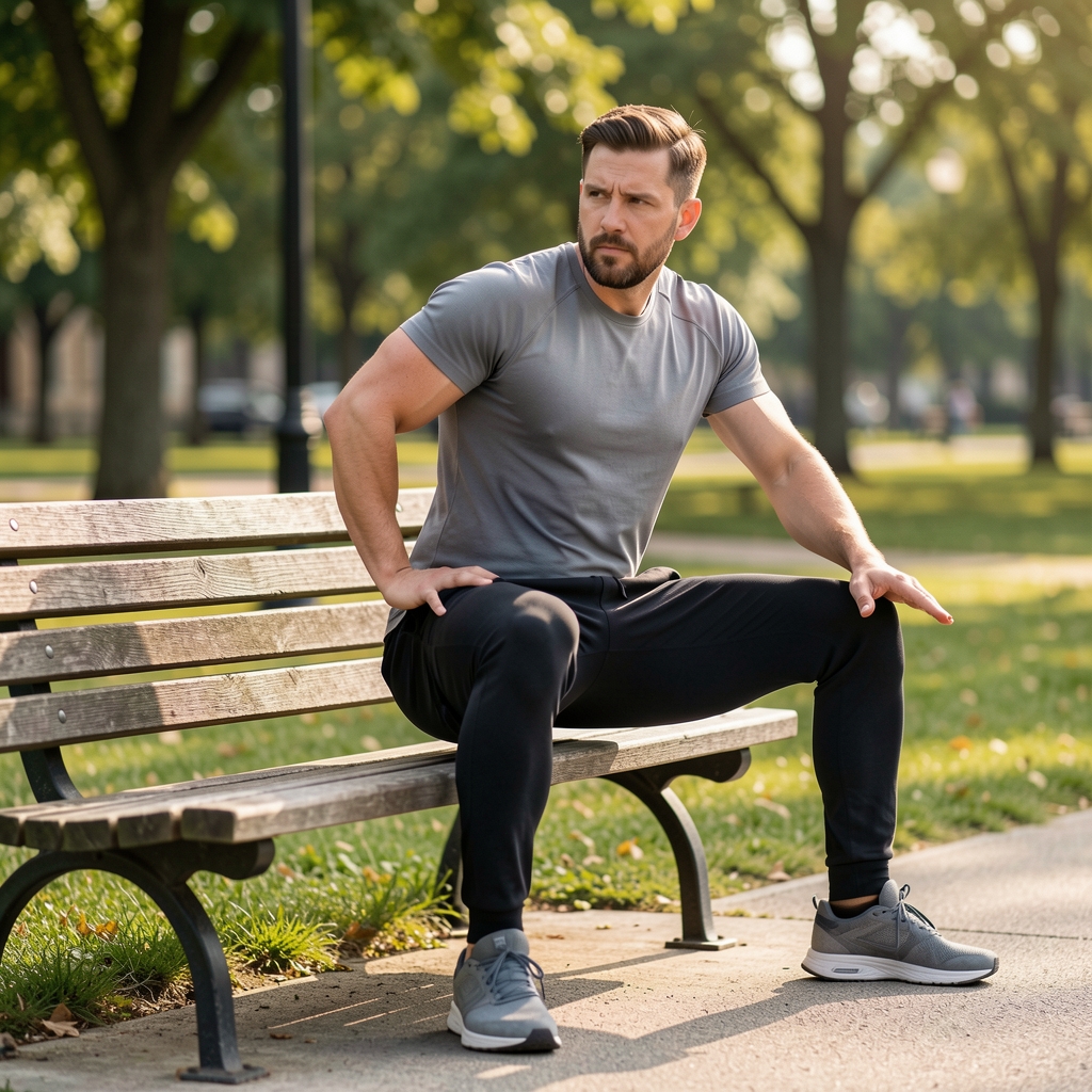Active Indonesian man practicing controlled hip mobility beside a park bench