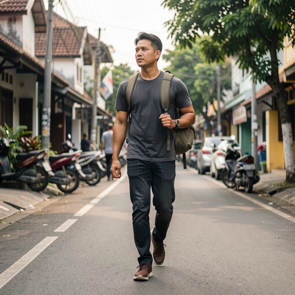 Active man carrying a small backpack while walking through a calm Jakarta neighborhood