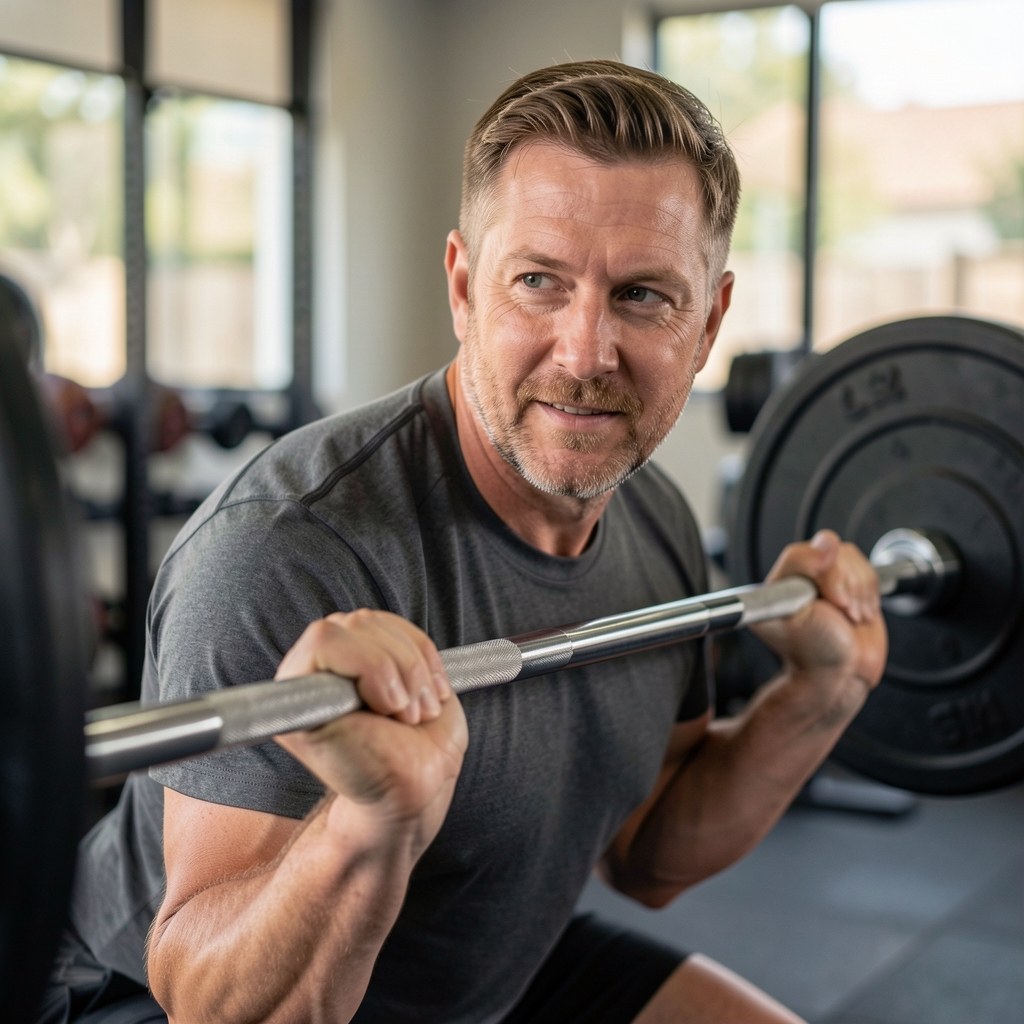Coach observing a mature client practicing a careful barbell hinge in a modest gym