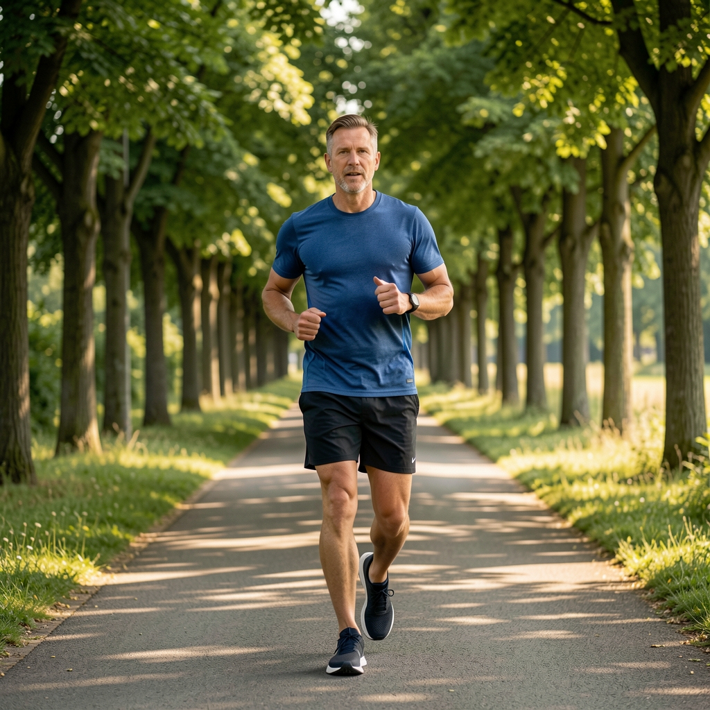 Runner in his forties walking after an easy session along a tree-lined path