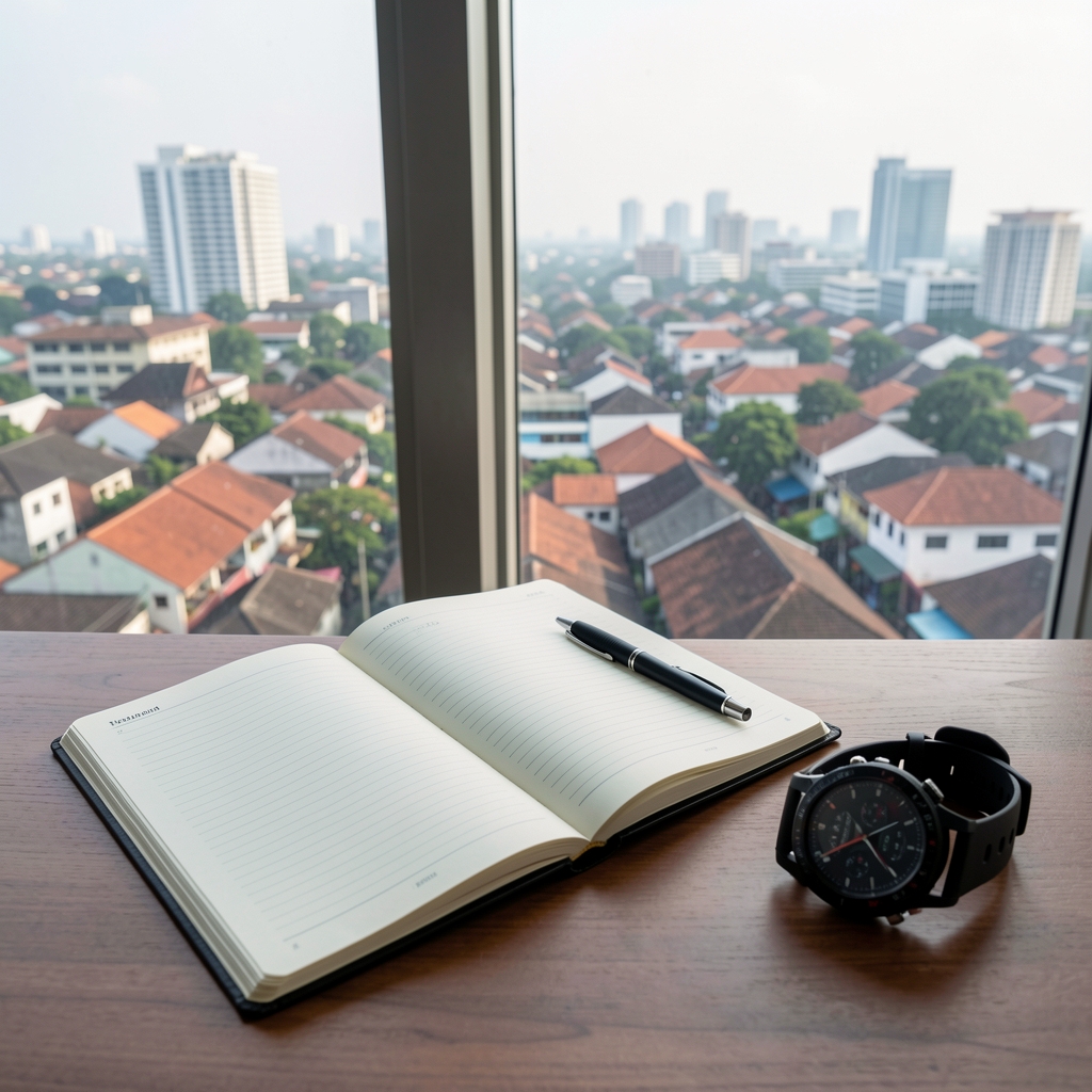 Open training journal, pen and running watch beside a window overlooking Jakarta rooftops