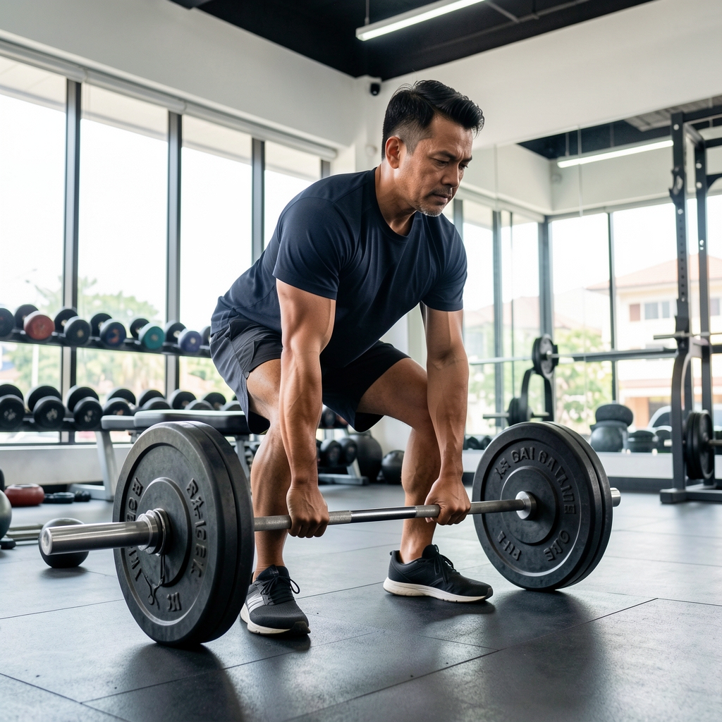 Man over 35 performing a controlled kettlebell deadlift in a bright Jakarta training studio