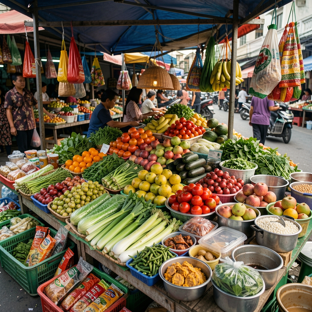 Jakarta market stall displaying colorful vegetables, fruit and everyday cooking ingredients
