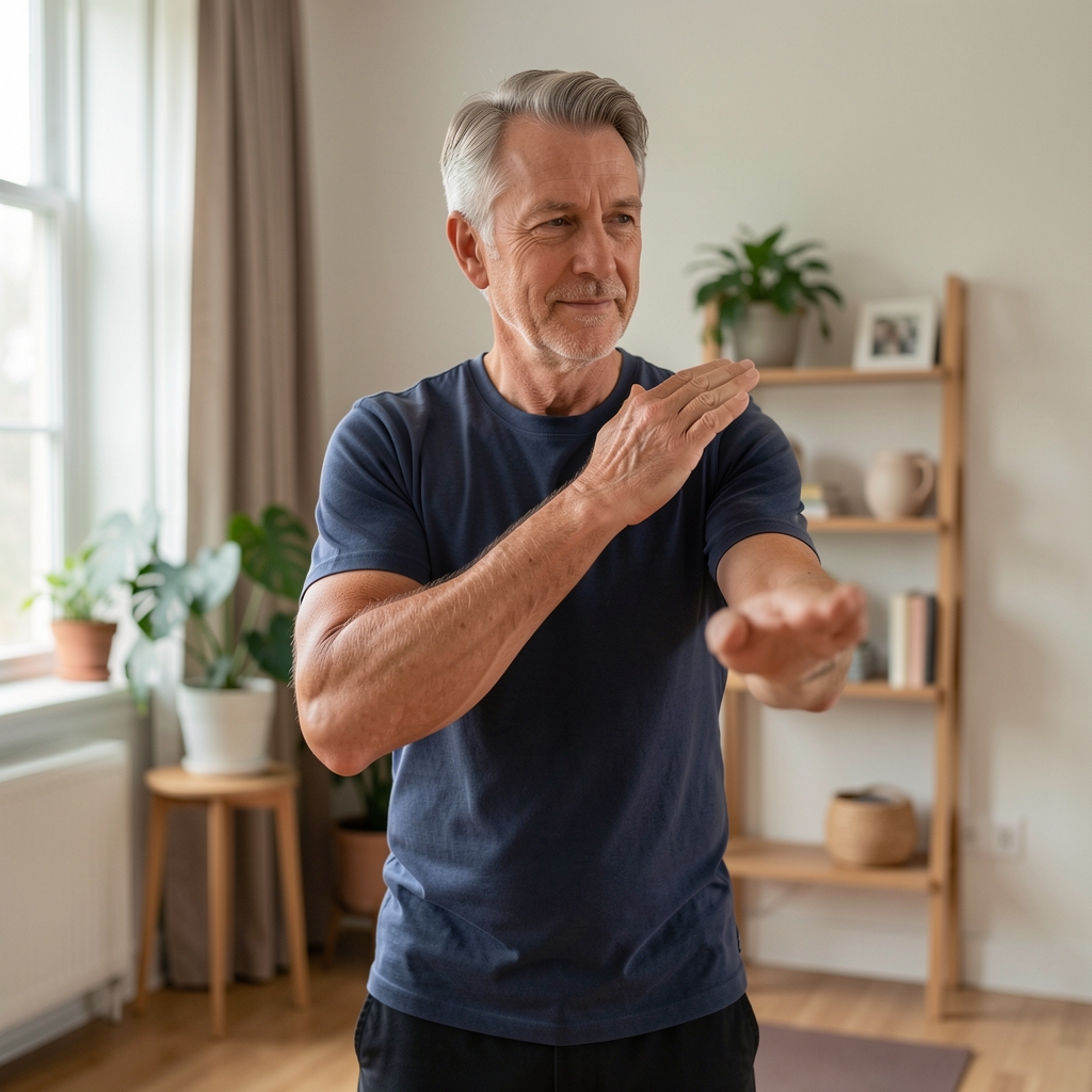 Mature man completing a gentle shoulder mobility exercise in a peaceful home studio