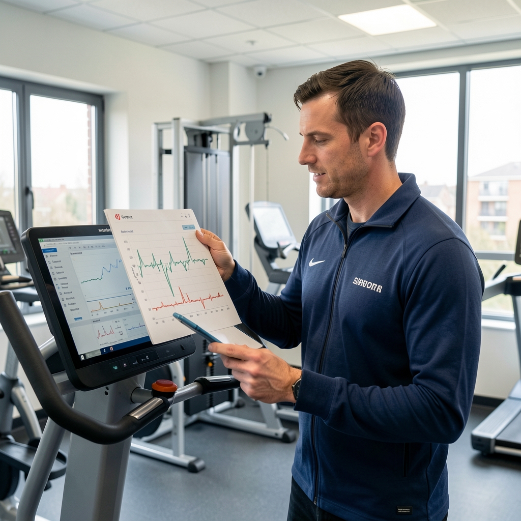 Sports scientist reviewing a heart-rate chart beside laboratory exercise equipment
