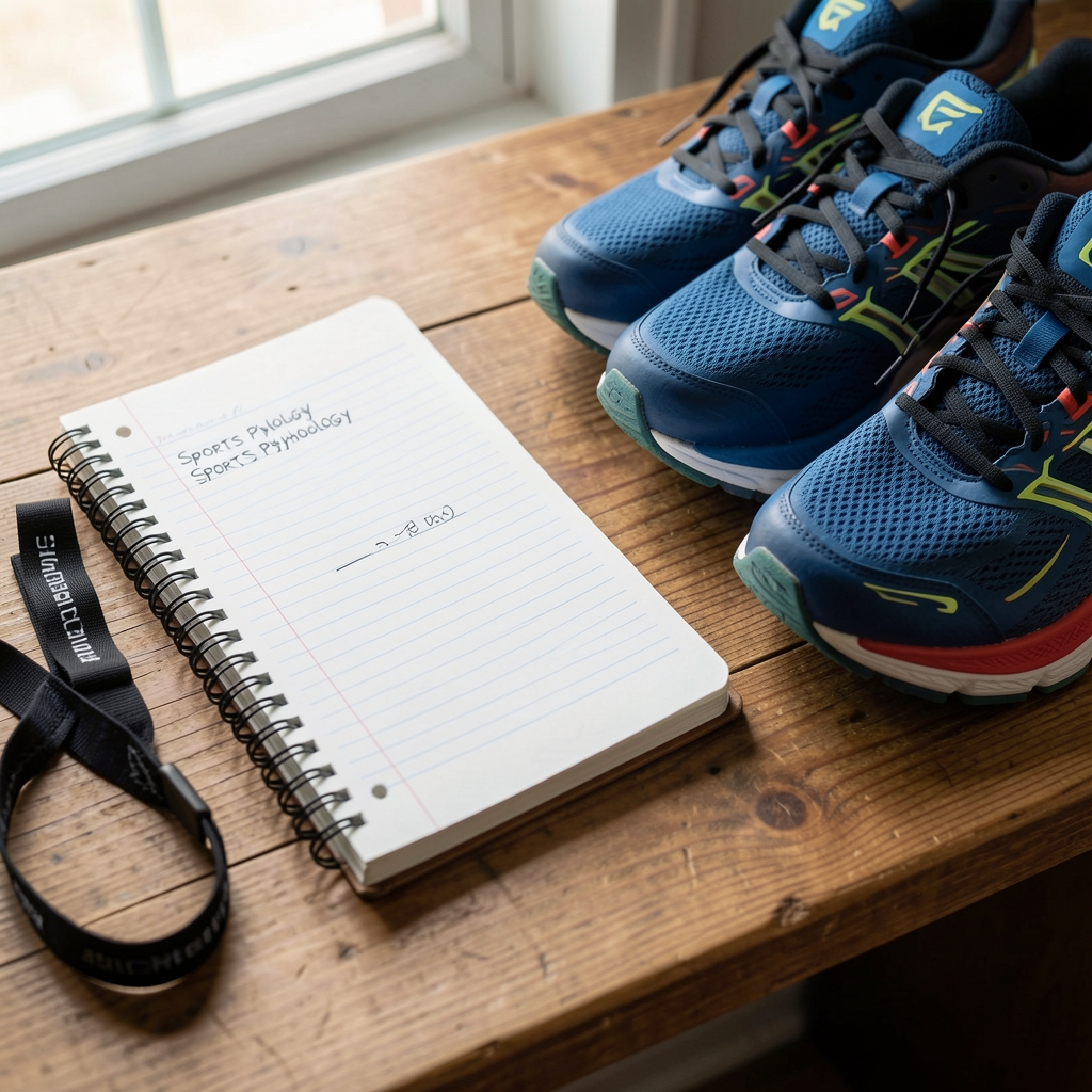 Sports physiology notebook, heart-rate strap and running shoes arranged on a wooden desk