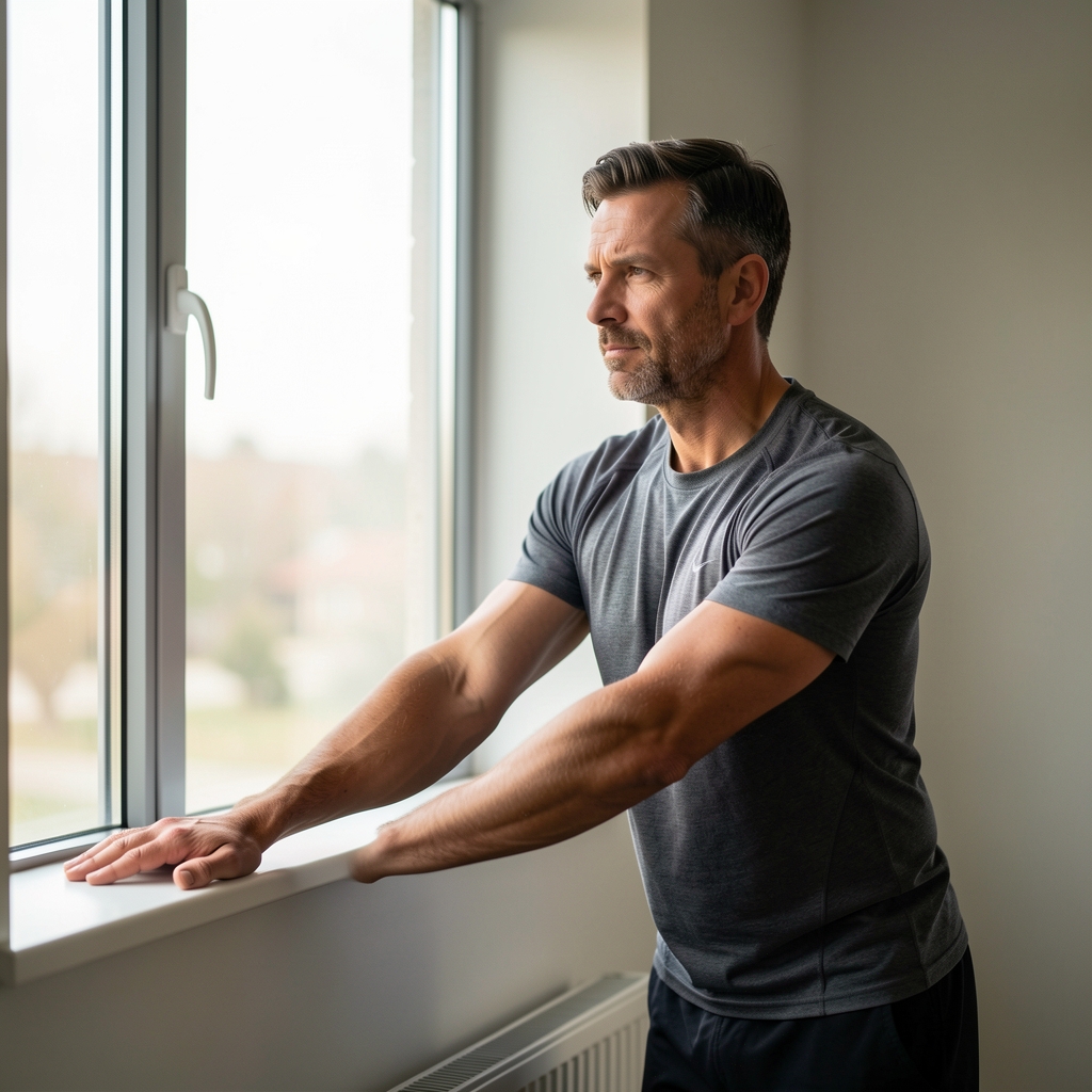 Man in his forties stretching beside a quiet window after a morning training session