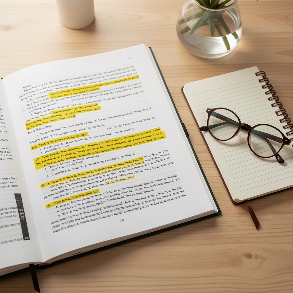 Open scientific paper with highlighted passages beside a notebook and reading glasses