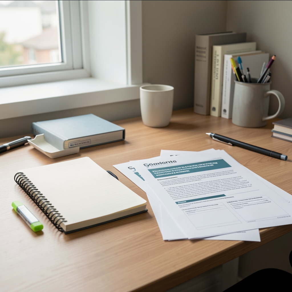 Organized home desk with a notebook, highlighter and folded printouts of training articles