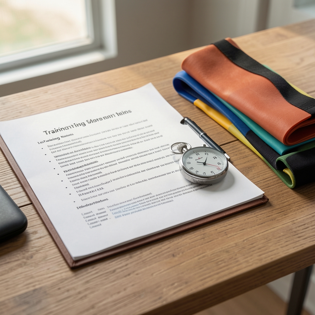 Printed training notes, stopwatch and neatly arranged resistance bands on a reading table