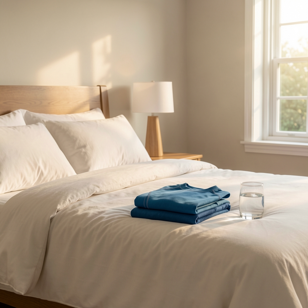 Calm bedroom with morning light, folded training clothes and a glass of water beside the bed