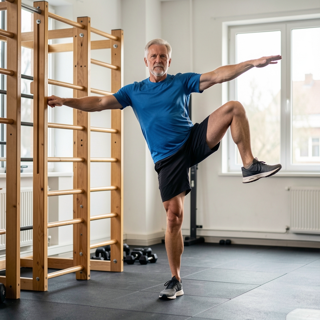 Mature athlete practicing a single-leg balance and reach beside wooden gym equipment
