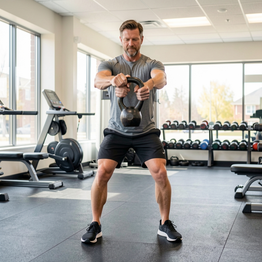 Man over 35 practicing a balanced kettlebell movement in a bright community gym